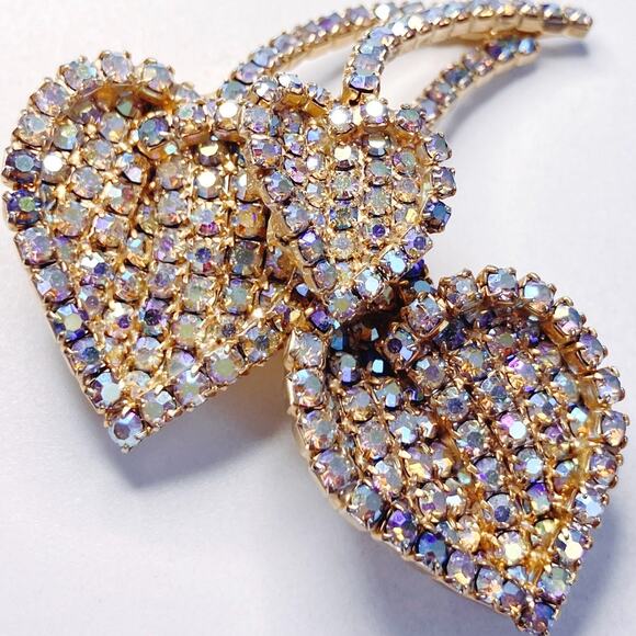 VTG Aurora Borealis Heart Leaf Brooch, Sparkly Dimensional Rhinestones, 1950s - Picture 12 of 12